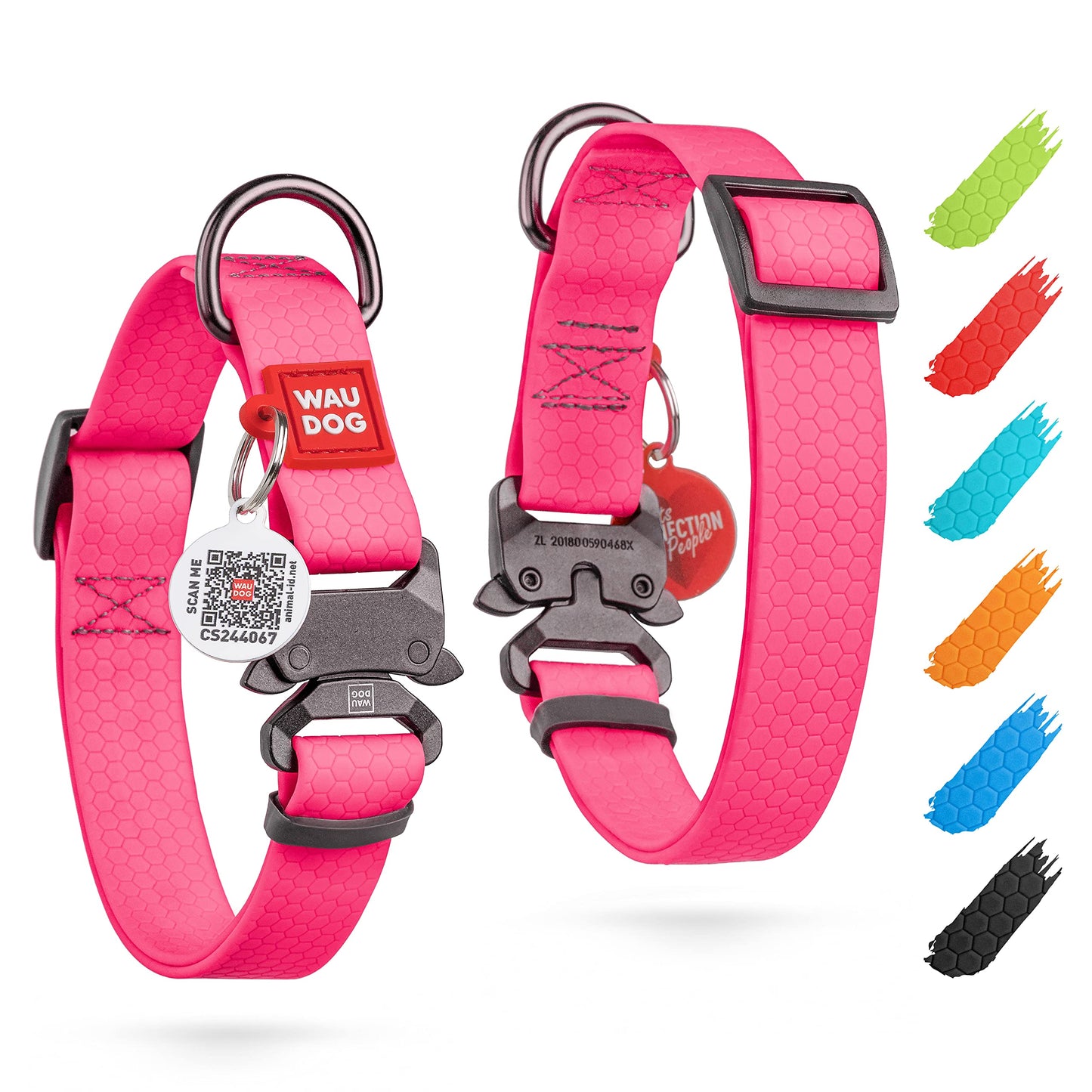 Collar impermeable para perros WAUDOG - Collar de perro ajustable para perros grandes, pequeños y medianos - Collares resistentes para perros con cierre de metal duradero y placa de identificación QR - Collares para perros macho y hembra (rosa)