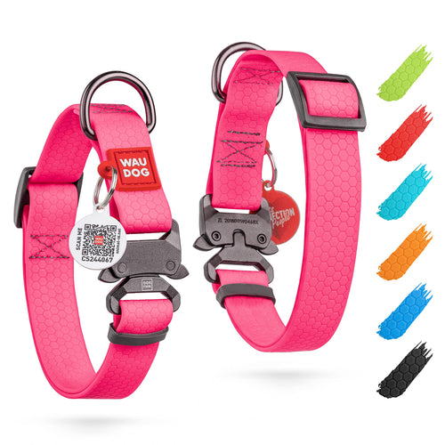 Collar impermeable para perros WAUDOG - Collar de perro ajustable para perros grandes, pequeños y medianos - Collares resistentes para perros con cierre de metal duradero y placa de identificación QR - Collares para perros macho y hembra (rosa)
